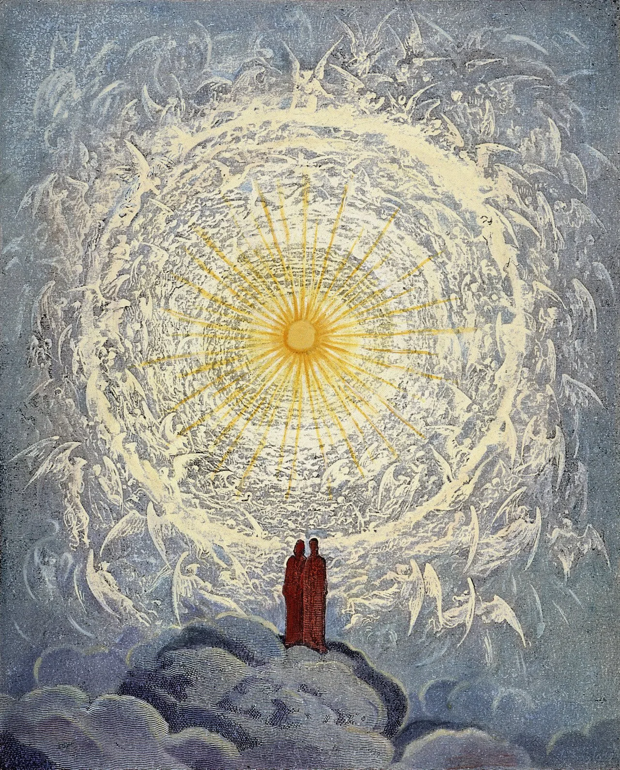 Painting of a heavenly sun bursting through clouds