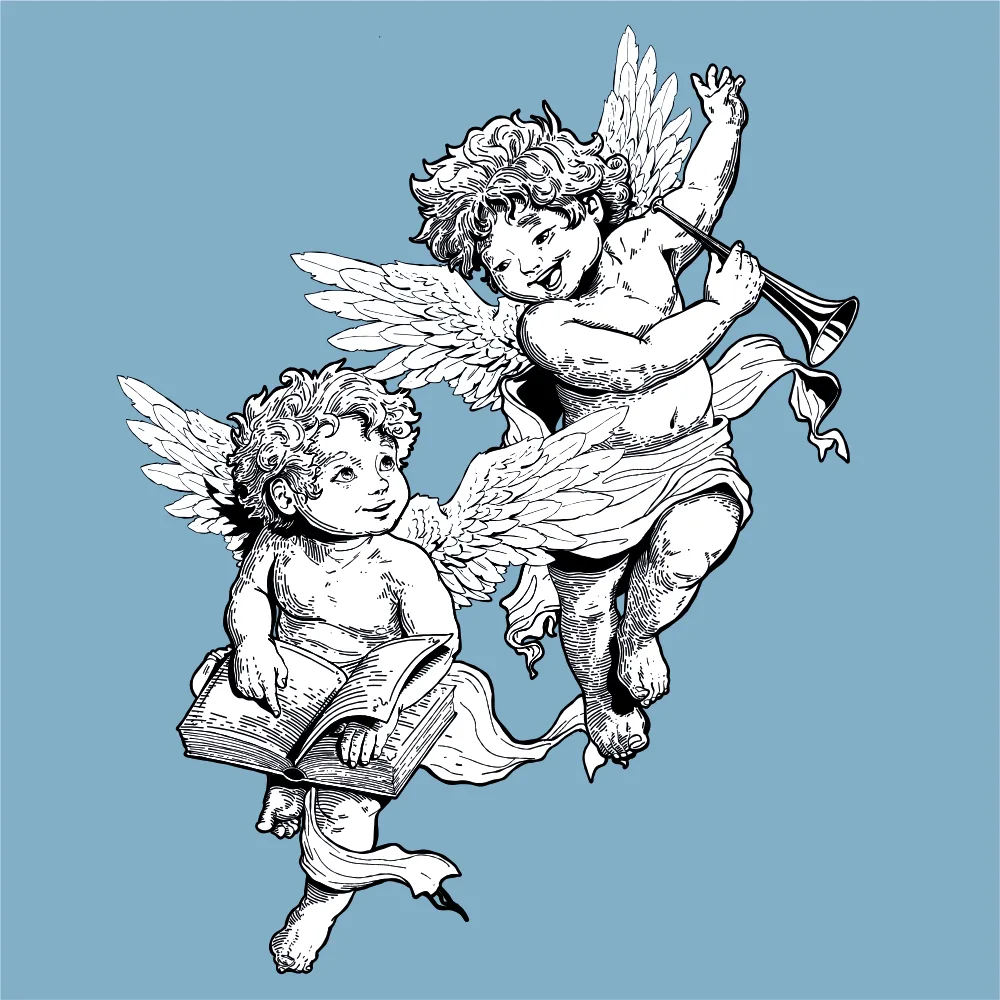 Open book with a Cupid illustration