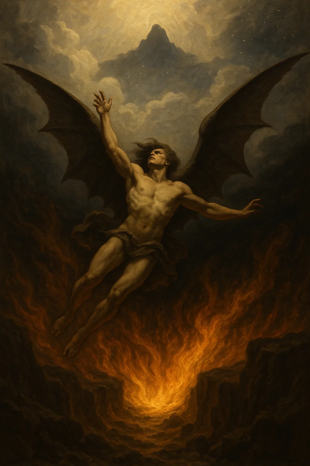 Fallen angel descending through smoke and fire