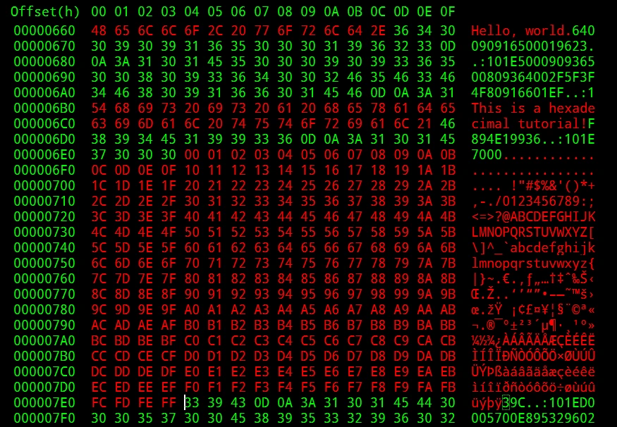 Example of hexadecimal bytes in a terminal window