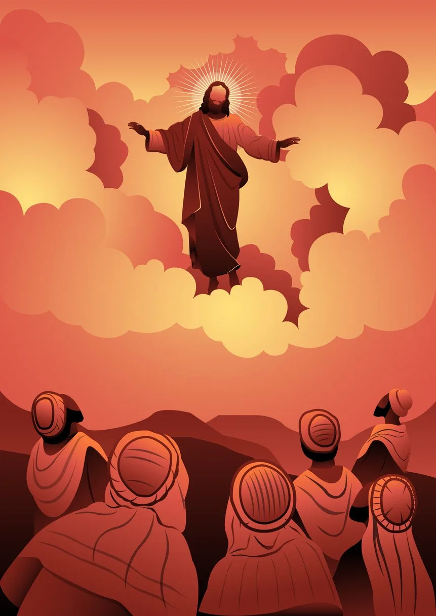 Jesus ascension into red clouds